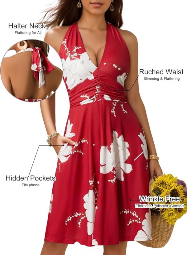 HUHOT Women's Summer Sundress Sleeveless Halter Neck Spring 2025 Floral with Pocket Elastic Waist Ruffle Mini Dresses - Image 2