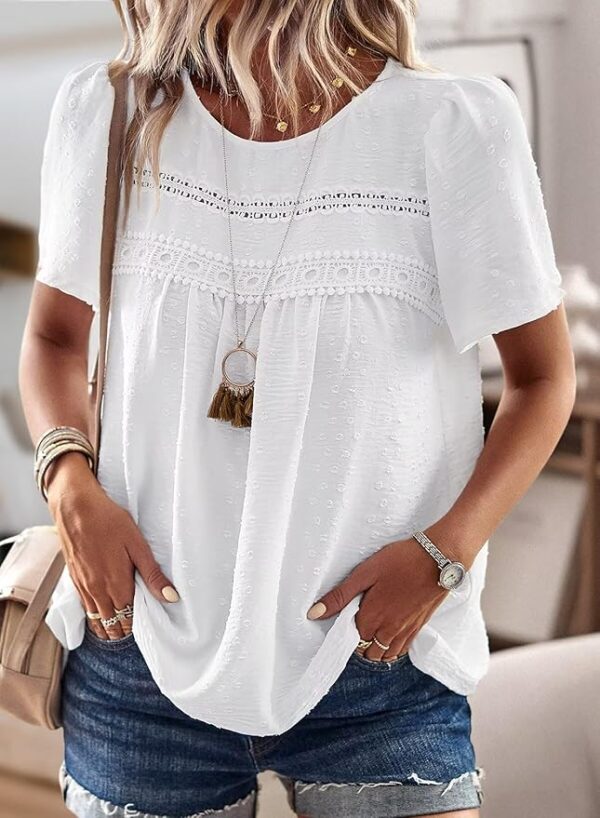 Womens Summer Tops Crewneck Short Sleeve Shirts Casual Chiffon Blouses Flowy Lace Hem Boho Clothing Trendy 2025 - Image 3