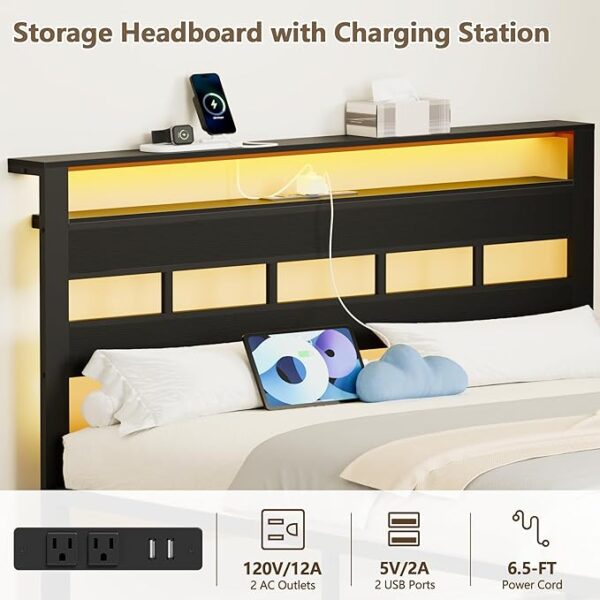 Furnulem Full Size Bed Frame with LED Light and Charging Station, Wood Storage Headboard with 2-Tier Shelves, Metal Platform Bed with Heavy Duty Slats Support, No Box Spring Needed, Black Oak - Image 2