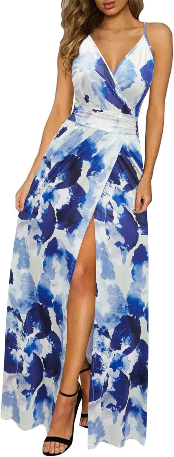 Newshows Women Summer 2025 Maxi Dress Vacation Floral Spaghetti Strap Spring Casual Boho Split Beach Long Flowy Sundress
