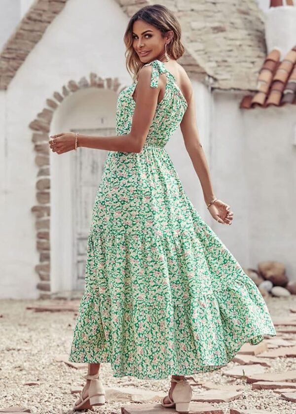 PRETTYGARDEN Women's Summer Floral One Shoulder Maxi Dress Knot Ruffle Boho Beach Vacation Wedding Guest Long Dresses - Image 5