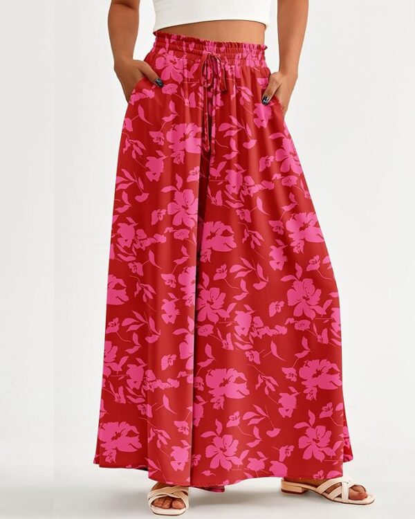 BTFBM Women Casual High Waist Wide Leg Pants Summer Floral Solid Long Palazzo Pants Lounge Beach Trousers with Pocket - Image 2