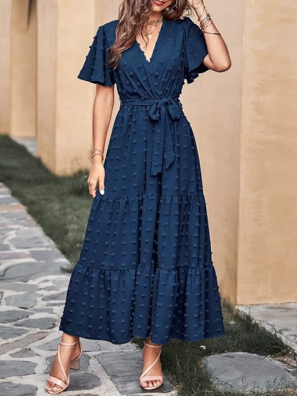 MASCOMODA Boho Floral Swiss Dot Summer Maxi Dresses for Women Wrap V Neck Short Sleeve Long Flowy Church Wedding Guest Dress - Image 4