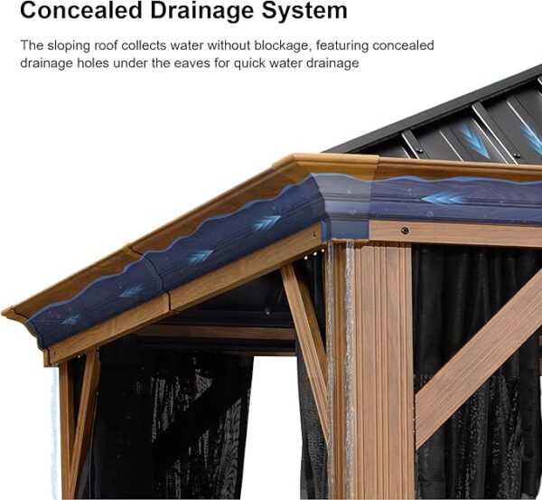 PURPLE LEAF 12' X 24' Outdoor Hardtop Gazebo for Patio Galvanized Steel Double Roof Permanent Canopy Teak Finish Coated Aluminum Frame Pavilion Gazebo with Netting and 36 String Lights - Image 5