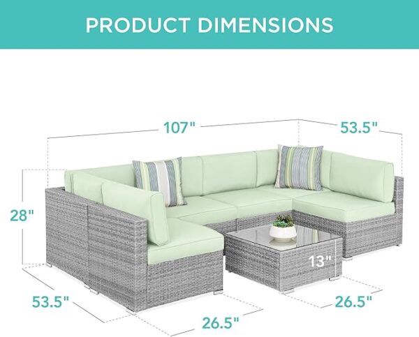 Best Choice Products 7-Piece Modular Outdoor Sectional Wicker Patio Conversation Set w/ 2 Pillows, Coffee Table, Cover Included - Gray/Light Mint - Image 5