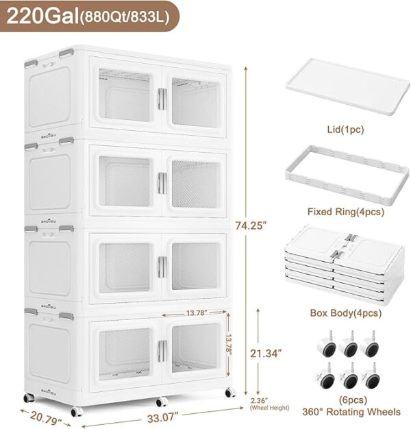 220Gal Extra Large Storage Bins with Lid, 880Qt Plastic Stackable Storage Bins with Wheels, Collapsible Closet Organizer and Storage Drawers, Storage Cabinets for Home, Office, 4 Pack, White - Image 2