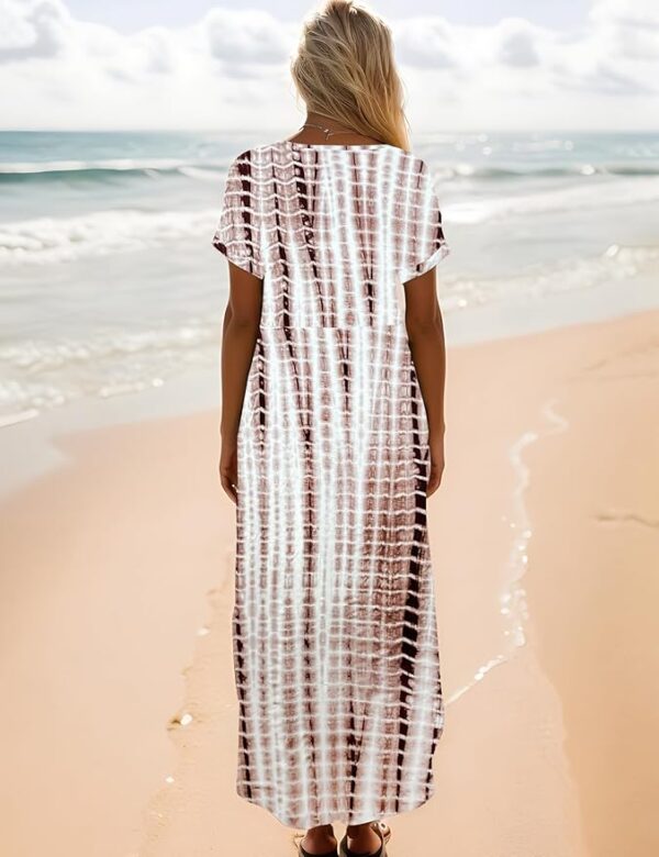 Zilcremo Women Summer Casual Maxi Dress Loose Pockets Short Sleeve Split Boho Dresses Apricot - Image 2