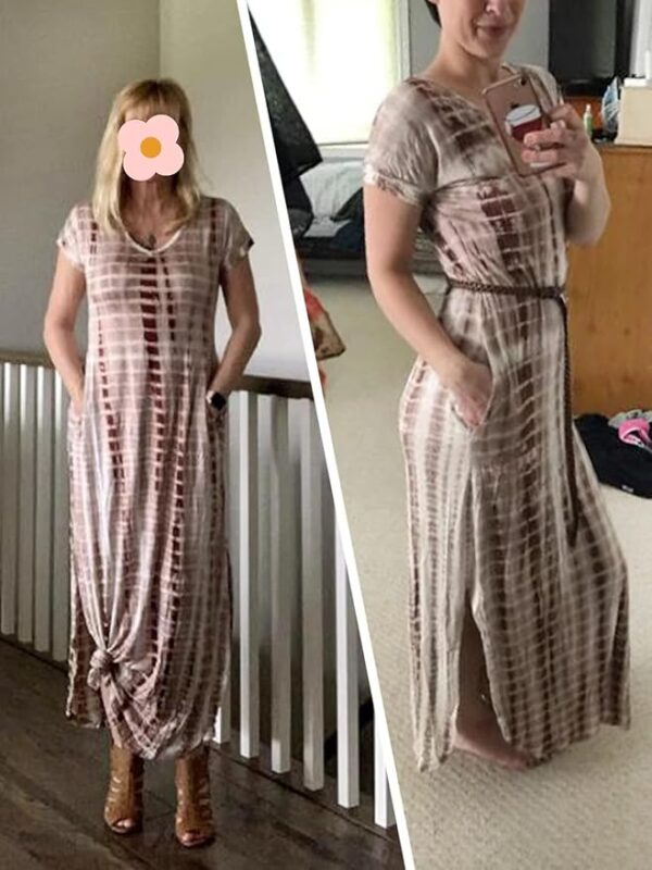 Zilcremo Women Summer Casual Maxi Dress Loose Pockets Short Sleeve Split Boho Dresses Apricot - Image 3