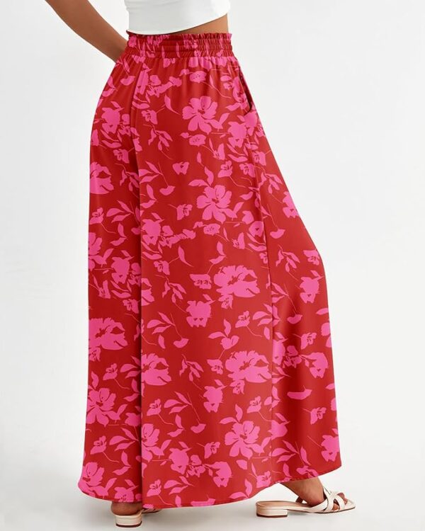 BTFBM Women Casual High Waist Wide Leg Pants Summer Floral Solid Long Palazzo Pants Lounge Beach Trousers with Pocket - Image 3
