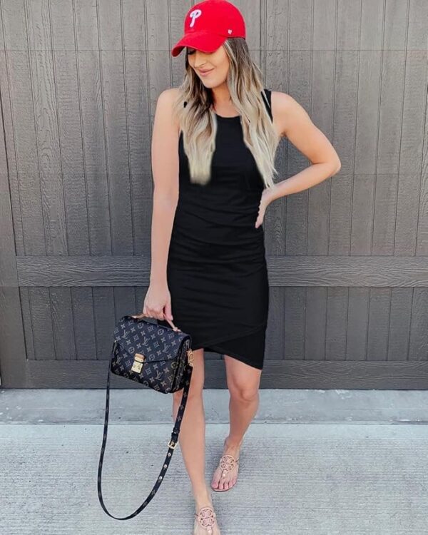 BTFBM Women 2025 Summer Sleeveless Tank Dresses Crew Neck Slim Fit Short Casual Ruched Bodycon Party Club Mini Dress - Image 4