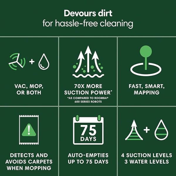 iRobot Roomba 104 Combo Robot Vacuum & Mop with AutoEmpty Dock - Amazon Exclusive, Self-Empties for 75 Days, Intense Power-Lifting Suction, LiDAR, Multi-Cleaning Modes, Avoids Mopping Carpet - Image 2