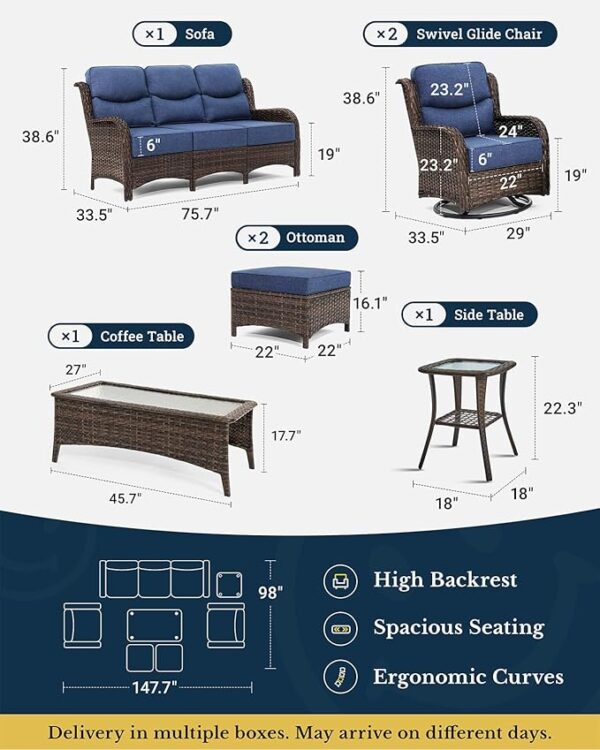 Luxury Patio Furniture Set with 6-inch Thick Cushion, Outdoor Couch and High Back Swivel Rocker Patio Chairs, 7PCS Wicker Conversation Set for Deck, Yard, and Poolside in Blue (V2) - Image 2