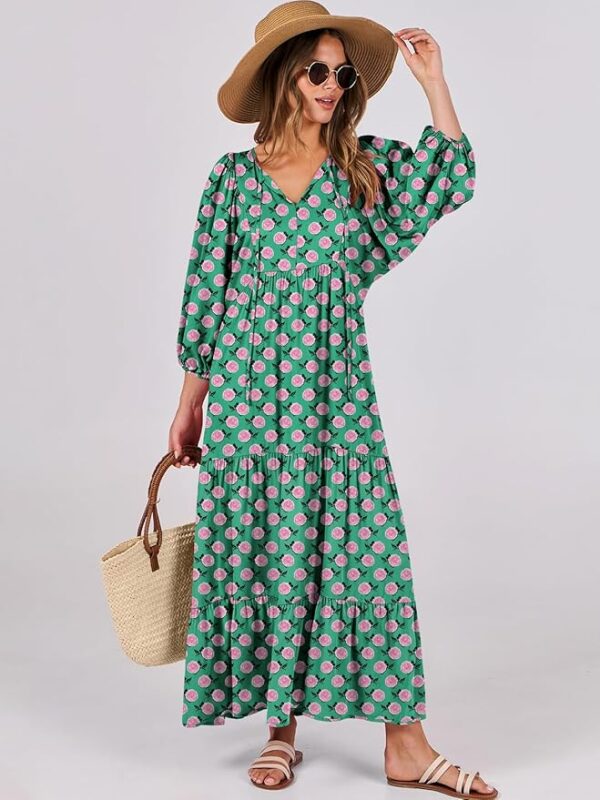 ANRABESS Womens Boho Maxi Dresses 2025 Summer V Neck Puff Sleeve Floral Flowy Swing Casual Long Dress - Image 3