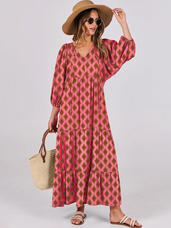 ANRABESS Womens Boho Maxi Dresses 2025 Summer V Neck Puff Sleeve Floral Flowy Swing Casual Long Dress - Image 6