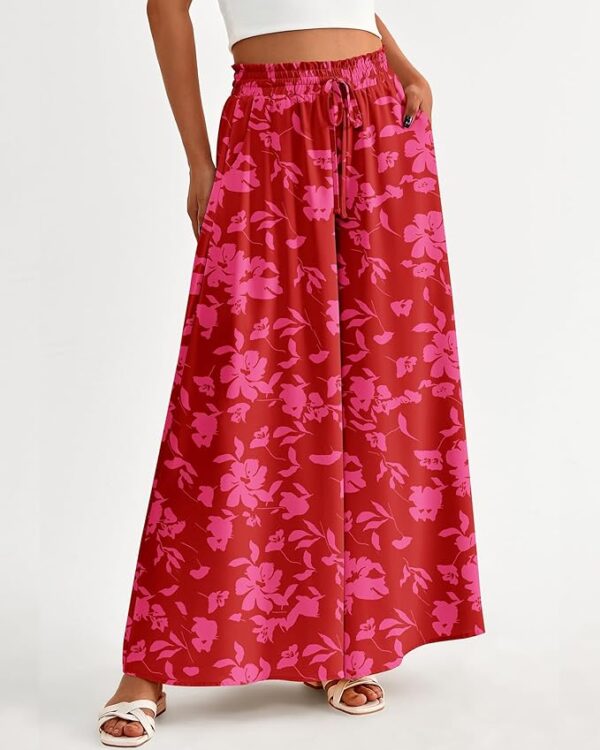 BTFBM Women Casual High Waist Wide Leg Pants Summer Floral Solid Long Palazzo Pants Lounge Beach Trousers with Pocket - Image 4