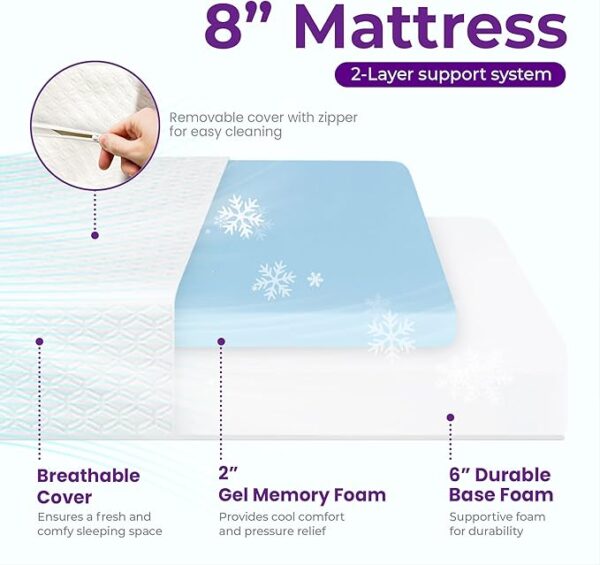 GAESTE 8 Inch Full Cooling Gel Memory Foam Mattress for Cool Sleep Medium Firm CertiPUR-US Certified Foam, Mattress in a Box Pressure Relief Removable Cover No Fiberglass (Full, 8 in) - Image 3