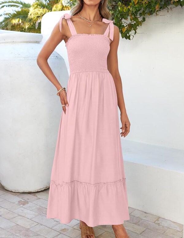 ZESICA Women's 2025 Summer Boho Spaghetti Strap Square Neck Solid Color Ruffle A Line Beach Long Maxi Dress - Image 3