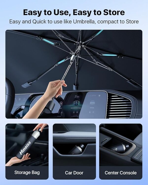 [2025 Upgrade] Nmoiss Windshield Sun Shade Umbrella - [Vinyl Coating Heat Shield] Protect Car from Sun Rays & Heat Damage Keep Cool and Protect Interior, Spring Structure Edge Medium 56" L x 31" W - Image 4