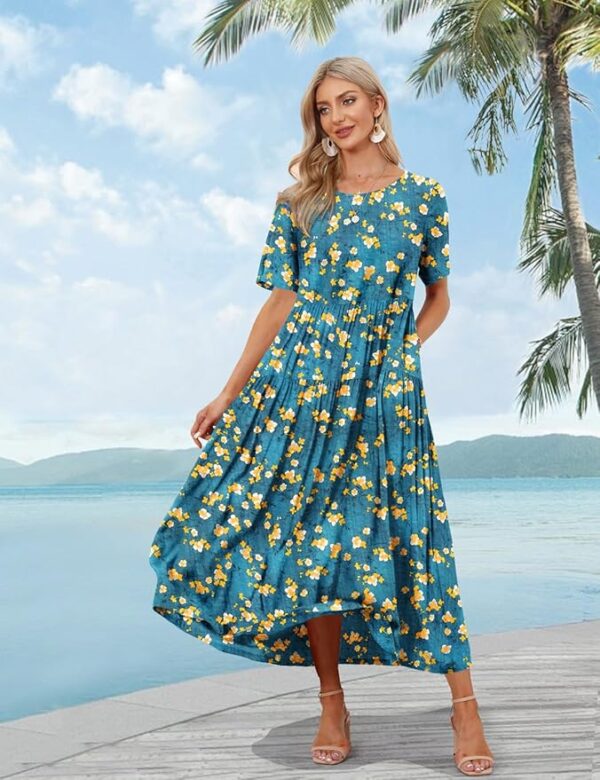 YESNO Women Casual Loose Bohemian Floral Dress with Pockets Short Sleeve Long Maxi Summer Beach Swing Dress EJF - Image 3