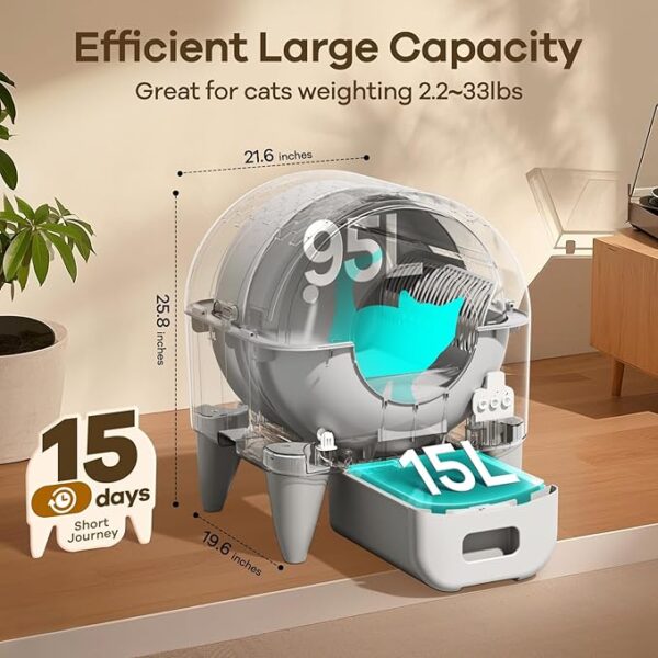 Self Cleaning Litter Box,95L Automatic Cat Litter Box Self Cleaning Large Capacity for Multiple Cats, App-Controlled with Safety Sensors, Removable Washable Liner,2 Rolls Garbage Bags,Grey - Image 5