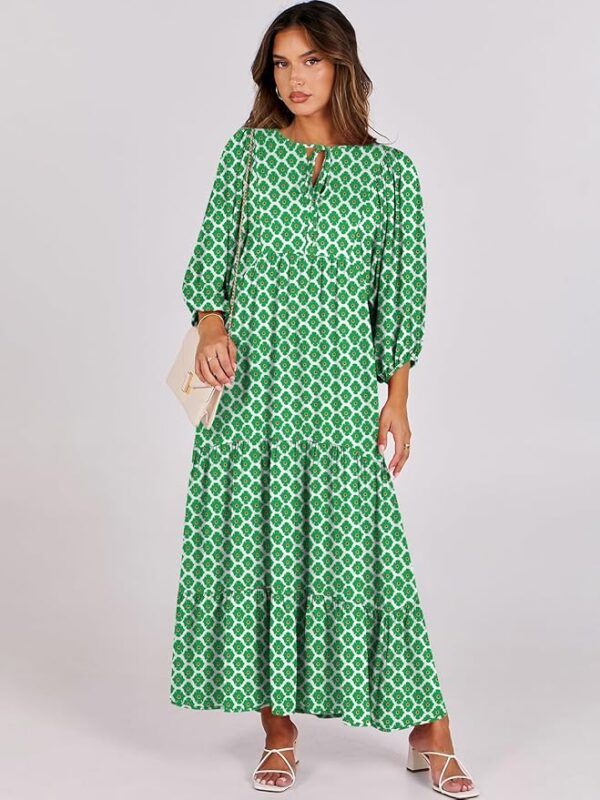ANRABESS Womens Boho Maxi Dresses 2025 Summer V Neck Puff Sleeve Floral Flowy Swing Casual Long Dress - Image 2