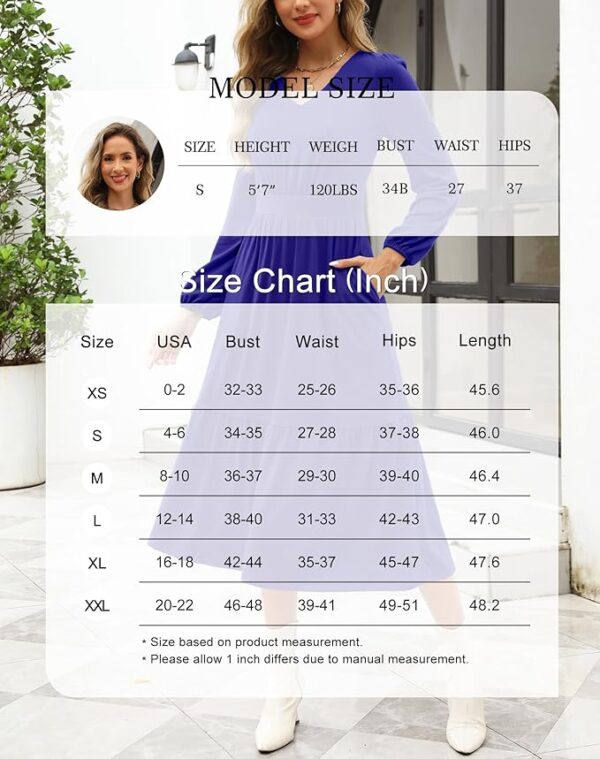 Kranda Women 2025 Fall Spring Puff Long Sleeve V Neck Causal Flowy Pleated Ruffle Tiered Midi Dress with Pockets - Image 3