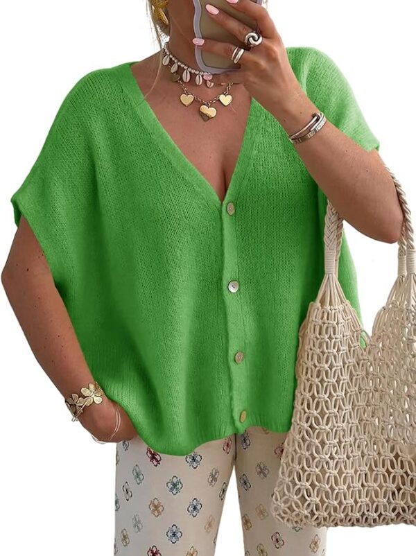 Saodimallsu Womens Summer Oversized Cardigans Batwing Short Sleeve Lightweight Button V Neck Casual Knit Sweater Tops