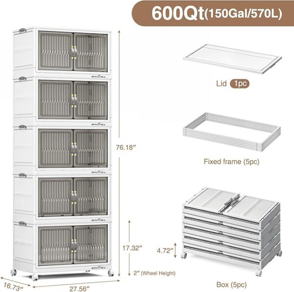 600 Qt Stackable Storage Bins with Lid, Plastic Closet Organizers and Storage Drawer, Collapsible Storage Box with Wheels, Folding Storage Cabinet for Closet Clothes Organization, 5Pack White - Image 3