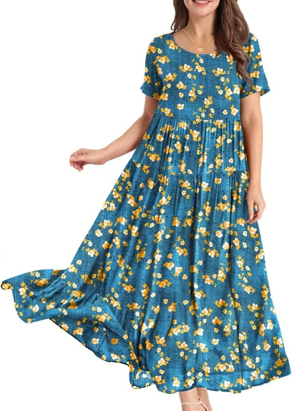 YESNO Women Casual Loose Bohemian Floral Dress with Pockets Short Sleeve Long Maxi Summer Beach Swing Dress EJF