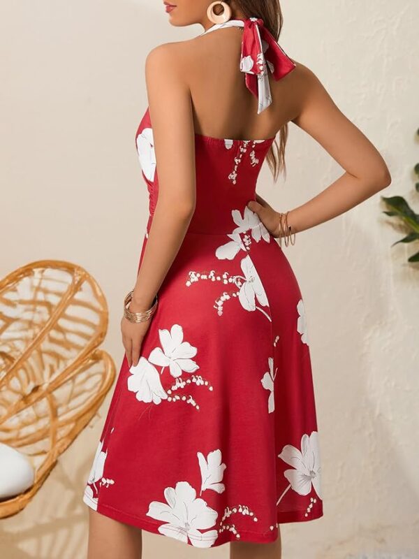 HUHOT Women's Summer Sundress Sleeveless Halter Neck Spring 2025 Floral with Pocket Elastic Waist Ruffle Mini Dresses - Image 3