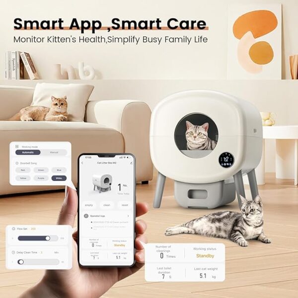 Automatic Cat Litter Box,Self Cleaning Litter Box Large Capacity for Multiple Cats with App Control and Safety Protection,2 Roll Litter Bags,White - Image 6