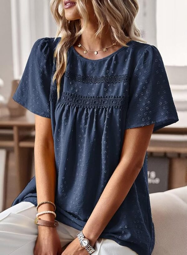 Womens Summer Tops Crewneck Short Sleeve Shirts Casual Chiffon Blouses Flowy Lace Hem Boho Clothing Trendy 2025 - Image 2