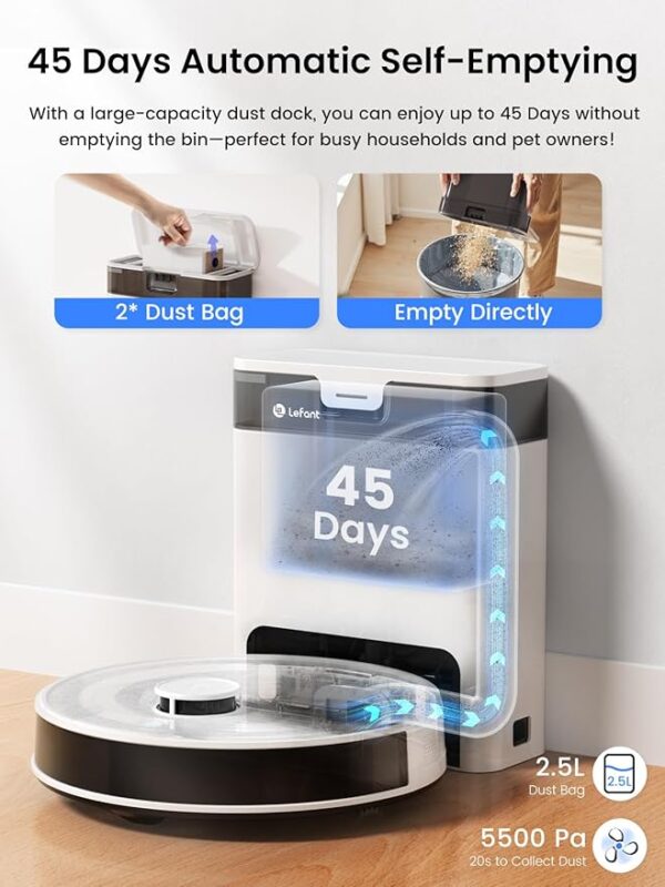 Lefant LiDAR Robot Vacuum and Mop, 45-Day Self-Emptying, 190° PSD Obstacle Avoidance, Customized Cleaning, Multi-Floor Mapping, 5500Pa Strong Suction, 140 Min Runtime, WiFi/Alexa/APP, M2 Pro - Image 3