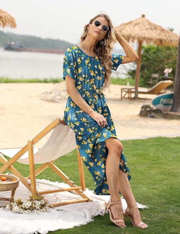 YESNO Women Casual Loose Bohemian Floral Dress with Pockets Short Sleeve Long Maxi Summer Beach Swing Dress EJF - Image 5
