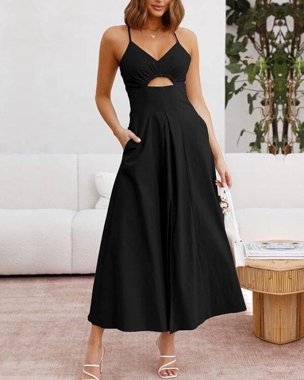 BTFBM Women 2025 Summer Spaghetti Strap Midi Dress Sleeveless V Neck Cutout Slit Casual Beach Party Maxi Dresses Pockets - Image 4