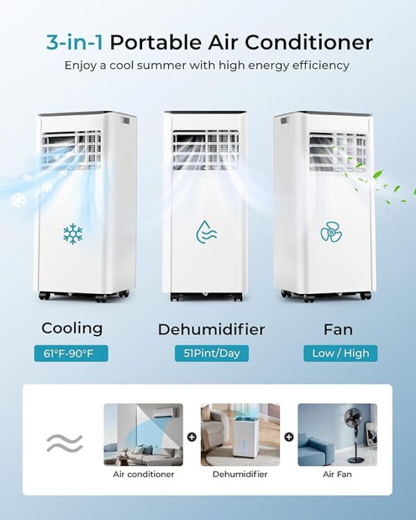 EUHOMY 8,000 BTU Portable Air Conditioners, 4-in-1 Portable AC Unit Up to 350 Sq.Ft, 4 Modes Quiet Air Conditioner with Remote Control, Cool, Fan, Dehumidifier, 24H Timer, Bedroom, Office, Apartments - Image 5