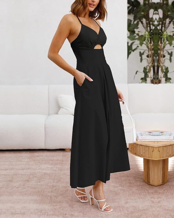 BTFBM Women 2025 Summer Spaghetti Strap Midi Dress Sleeveless V Neck Cutout Slit Casual Beach Party Maxi Dresses Pockets - Image 3