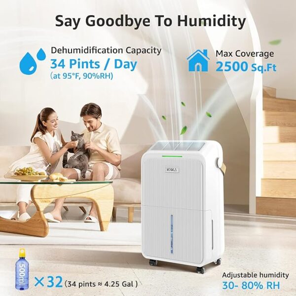 2500 Sq.Ft Dehumidifiers for Home with Drain Hose Max 34 Pints, Dehumidifier for Basement, Bedroom, Bathroom, Large Room, Three Modes, Intelligent Humidity Control, Dry Clothes, 24HR Timer - Image 5