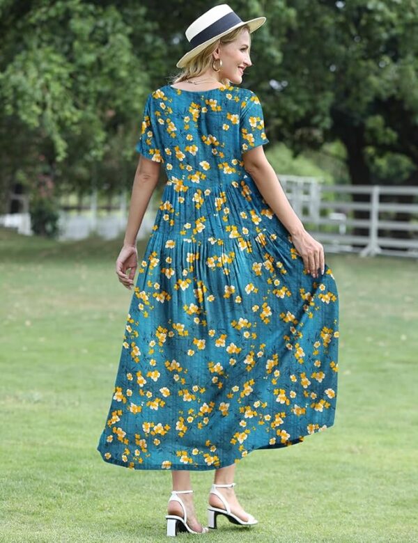 YESNO Women Casual Loose Bohemian Floral Dress with Pockets Short Sleeve Long Maxi Summer Beach Swing Dress EJF - Image 4