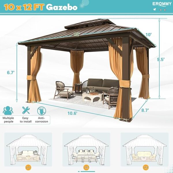 EROMMY 10' x 12' Hardtop Gazebo, Aluminum Frame Gazebos with Galvanized Steel Double Roof, Permanent Outdoor Metal Pavilion with Curtain and Netting for Patio, Lawn, Deck - Image 7