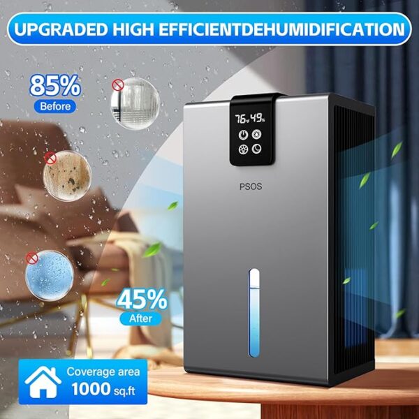 Dehumidifier, Dehumidifier for Home, 98 OZ Water Tank, (1000 sq.ft) Dehumidifiers for Bathroom Bedroom Basement with Auto Shut Off, Digital Display, Relaxing 7 Color Ambient Light (Grey) - Image 3