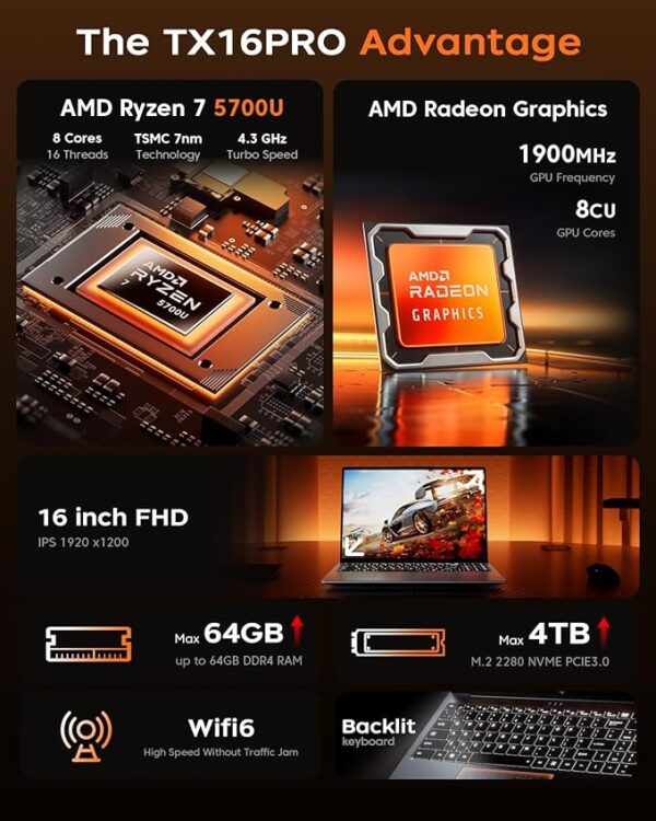 AMD Laptop, 16.0inch Laptop Computer with AMD Ryzen 7 5700U(8C/16T, Up to 4.3GHz), 16GB RAM 512GB NVMe SSD Windows 11 Laptop, Radeon RX Vega 8 Graphics,WiFi 6, Backlit KB,53Wh Battery,Gray - Image 3