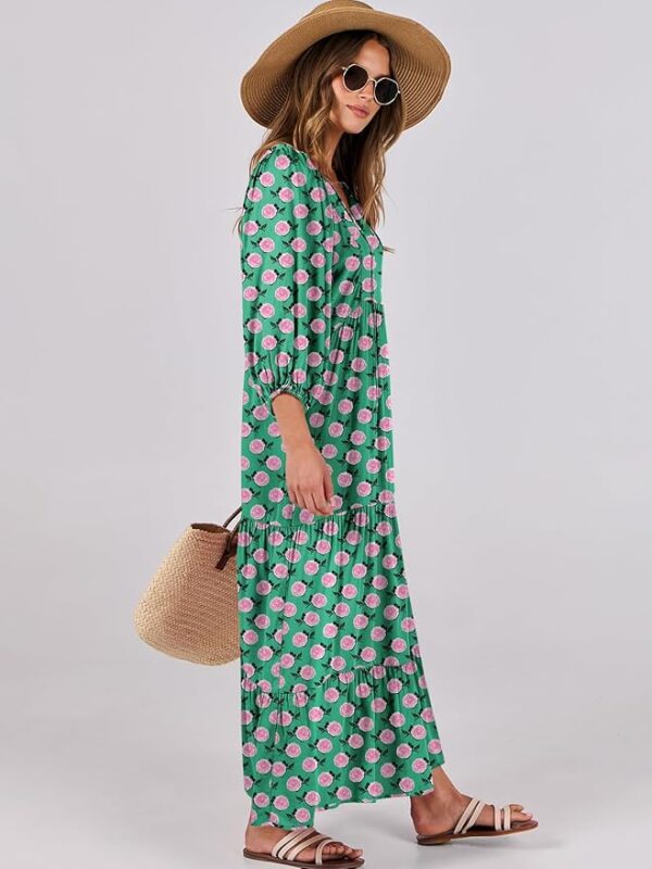 ANRABESS Womens Boho Maxi Dresses 2025 Summer V Neck Puff Sleeve Floral Flowy Swing Casual Long Dress - Image 5