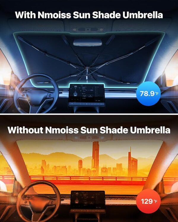 [2025 Upgrade] Nmoiss Windshield Sun Shade Umbrella - [Vinyl Coating Heat Shield] Protect Car from Sun Rays & Heat Damage Keep Cool and Protect Interior, Spring Structure Edge Medium 56" L x 31" W - Image 3