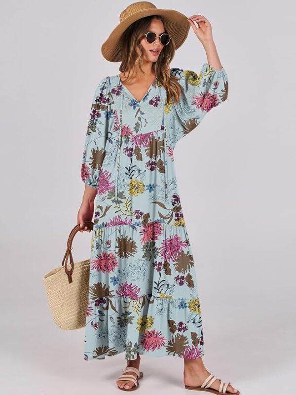 ANRABESS Womens Boho Maxi Dresses 2025 Summer V Neck Puff Sleeve Floral Flowy Swing Casual Long Dress - Image 3