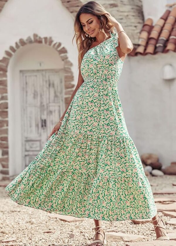 PRETTYGARDEN Women's Summer Floral One Shoulder Maxi Dress Knot Ruffle Boho Beach Vacation Wedding Guest Long Dresses - Image 4