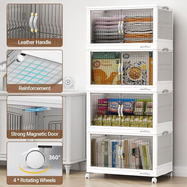 600 Qt Stackable Storage Bins with Lid, Plastic Closet Organizers and Storage Drawer, Collapsible Storage Box with Wheels, Folding Storage Cabinet for Closet Clothes Organization, 5Pack White - Image 5