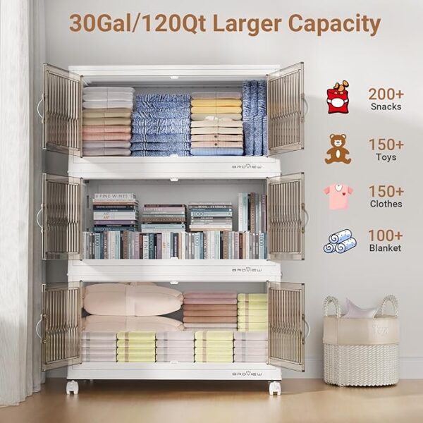 600 Qt Stackable Storage Bins with Lid, Plastic Closet Organizers and Storage Drawer, Collapsible Storage Box with Wheels, Folding Storage Cabinet for Closet Clothes Organization, 5Pack White - Image 6
