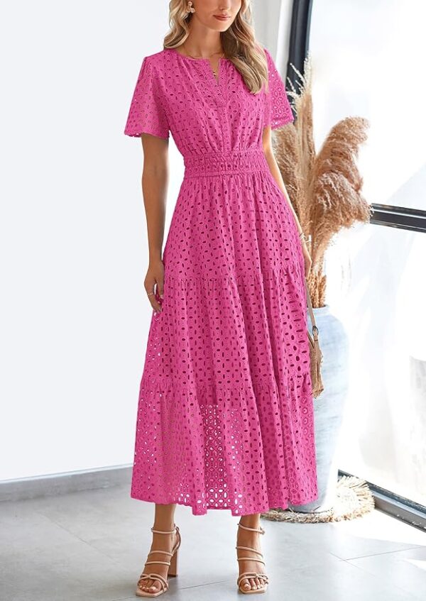 PRETTYGARDEN Womens 2025 Summer Maxi Dress Short Sleeve V Neck Hollow Out Eyelet A Line Long Flowy Beach Vacation Dresses - Image 4