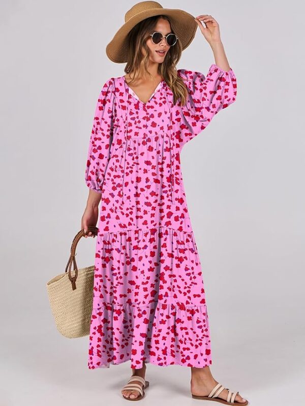 ANRABESS Womens Boho Maxi Dresses 2025 Summer V Neck Puff Sleeve Floral Flowy Swing Casual Long Dress - Image 5